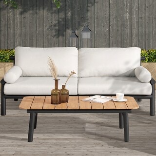 Zara 47" Dowel Powder-Coated Aluminum Patio Coffee Table with Teak Wood ...